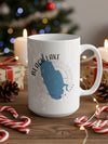 White mug with a blue Black Lake, NY map graphic and compass rose.