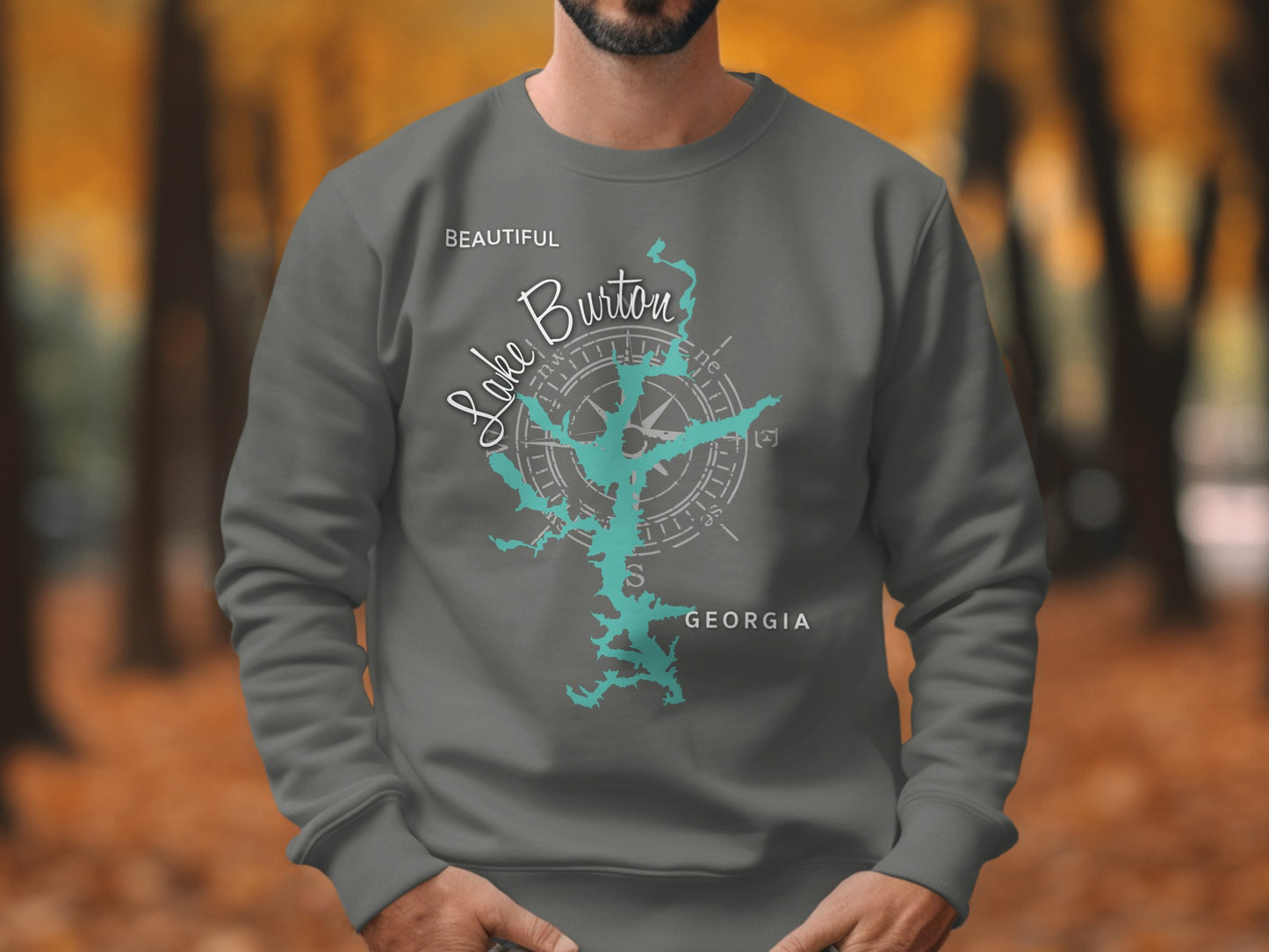 Sweatshirt featuring a teal map of Lake Burton, Georgia with a compass rose.