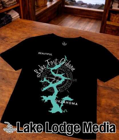 Black t-shirt with teal map of Fort Gibson Lake, Oklahoma and compass rose.
