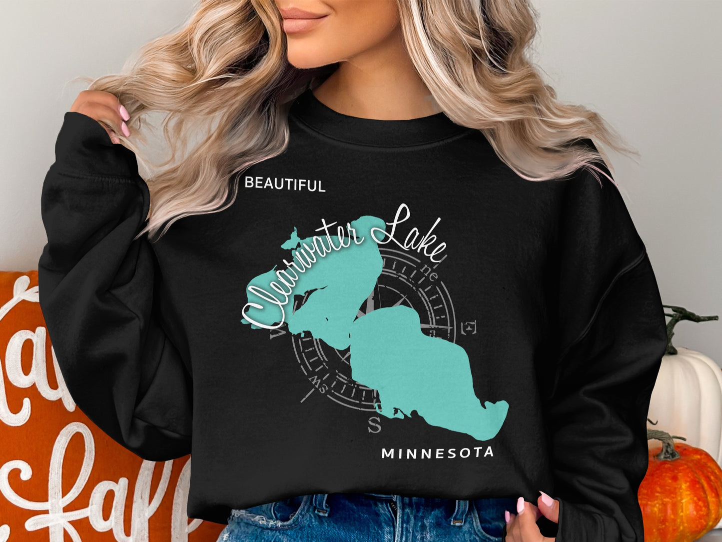 Black sweatshirt with "Beautiful Clearwater Lake Minnesota" map design.