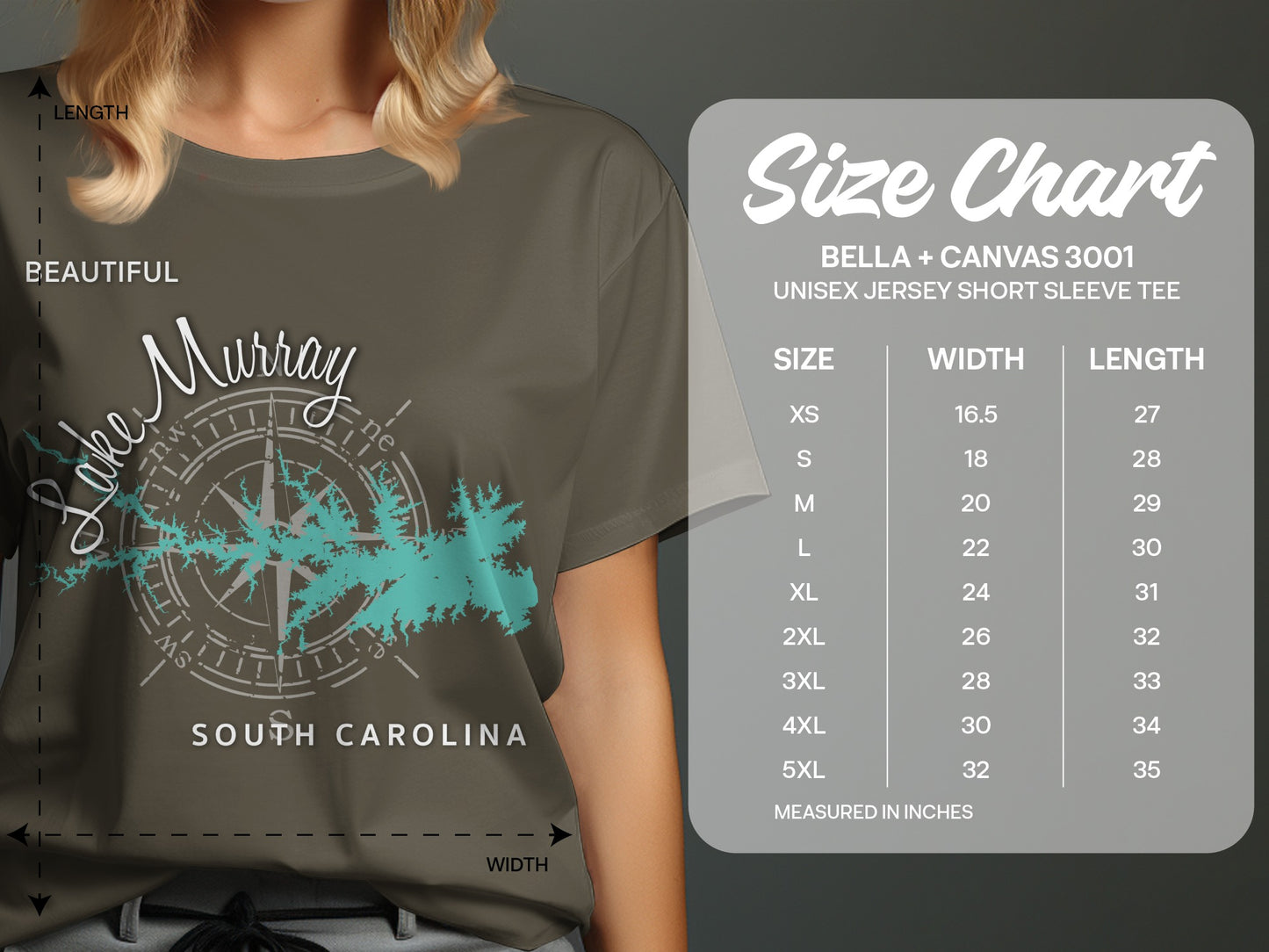 T-shirt with Lake Murray, South Carolina graphic and size chart.