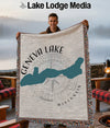 Fringed woven blanket featuring Geneva Lake, Wisconsin map and compass design.