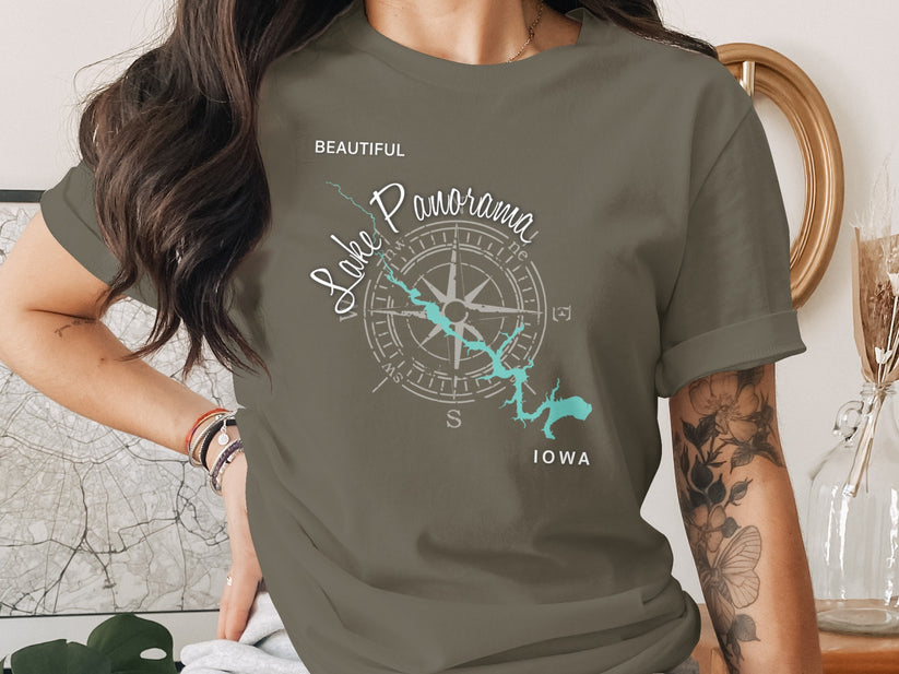 T-shirt with "Lake Panorama Iowa" text and compass graphic.