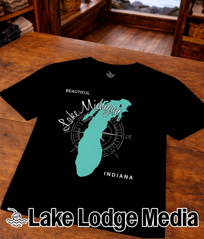 Black t-shirt with teal outline of Michigan and "Lake Michigan Indiana" text.