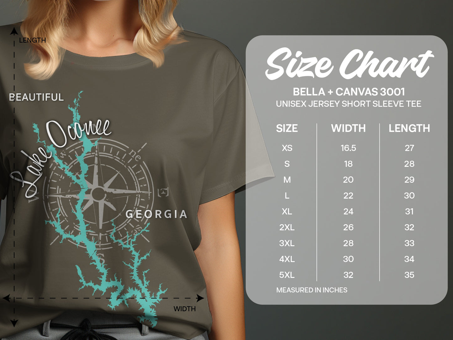 Lake Oconee Georgia map graphic on a grey t-shirt with size chart.