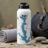 White water bottle featuring a blue lake shape, compass design, and "KEY LAKE" text.