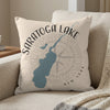 Saratoga Lake New York map pillow with compass rose and text.