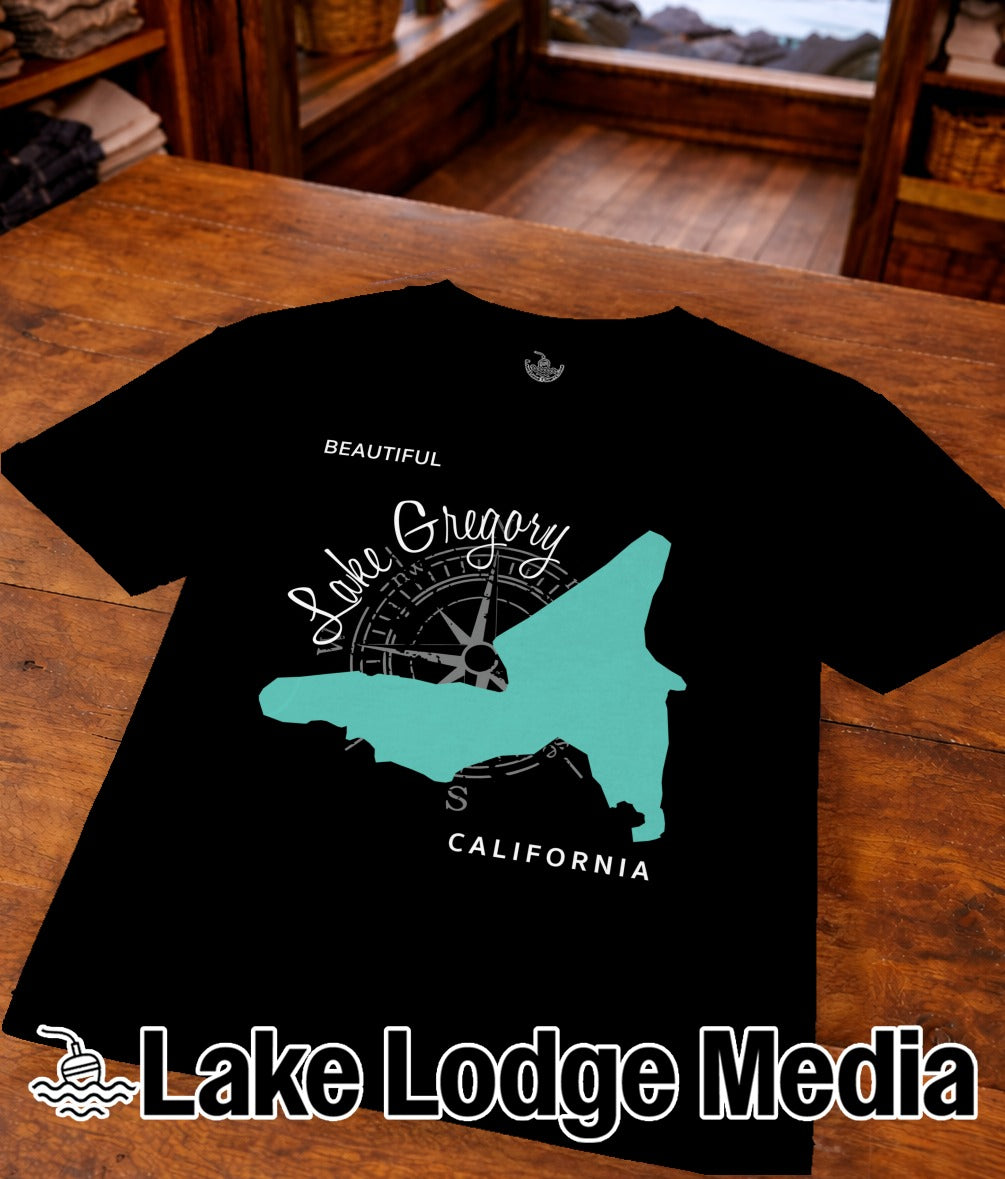 Black t-shirt with teal Lake Gregory California map graphic and compass rose.
