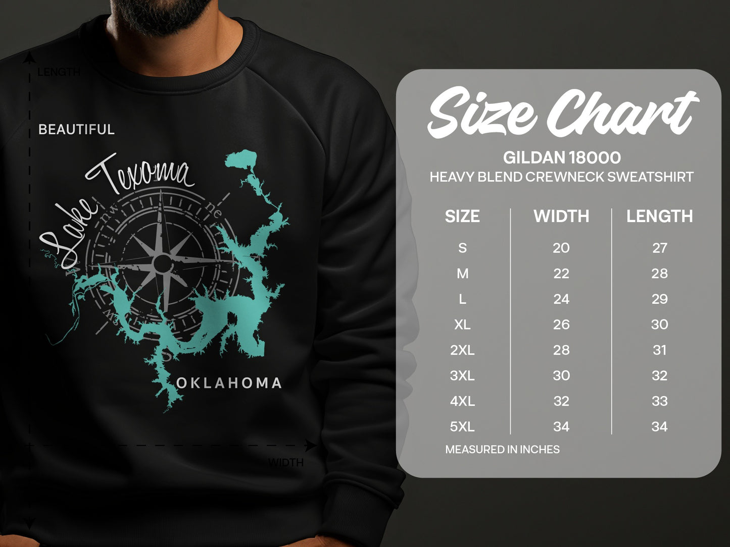 Sweatshirt featuring Lake Texoma map and size chart.