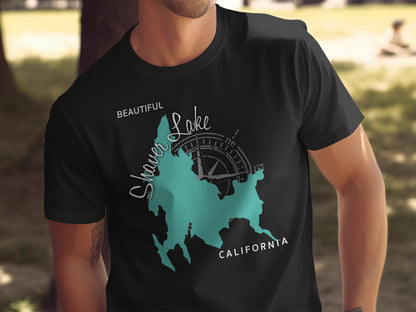 Black t-shirt featuring Shaver Lake, California map with compass rose.