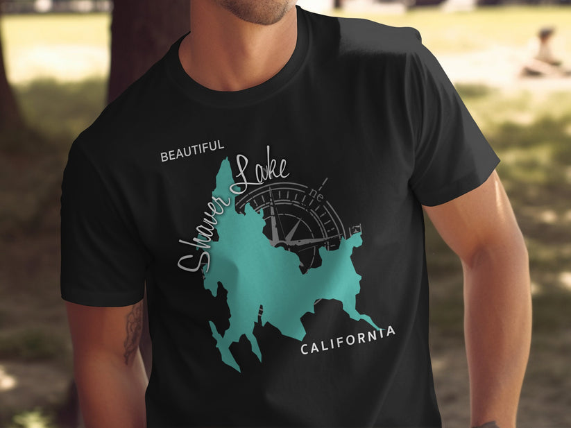 Black t-shirt featuring Shaver Lake, California map with compass rose.
