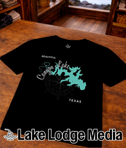 Black t-shirt with "Beautiful Cannon Lake Texas" and compass graphic.