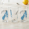 Three clear glasses with Payette Lake, Idaho map and compass graphic.