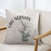 Pillow with Lake Norman map and compass design and text Lake Norman North Carolina.