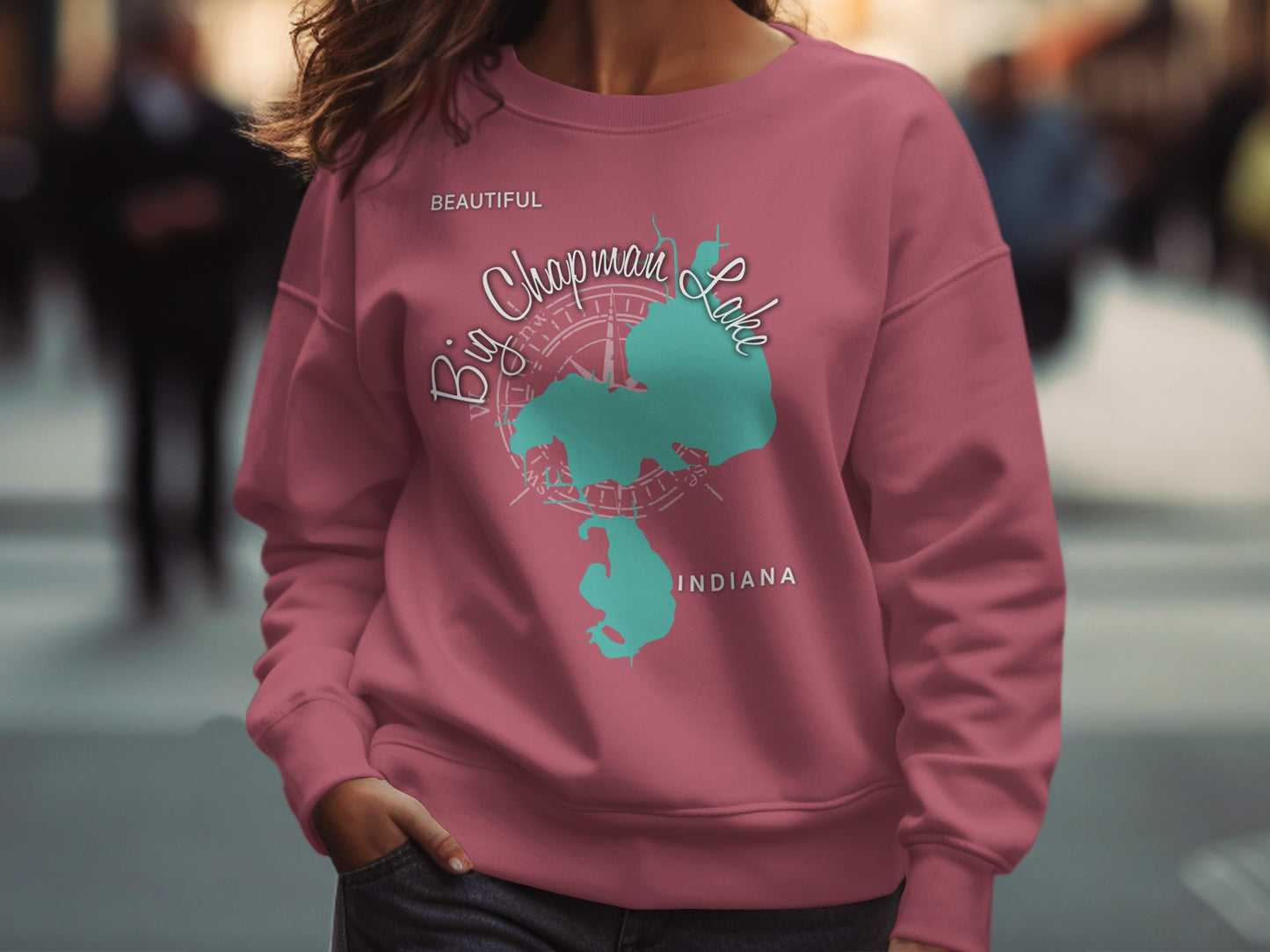 Maroon sweatshirt with "Big Chapman Lake Indiana" text and lake graphic.