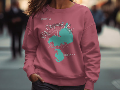 Maroon sweatshirt with "Big Chapman Lake Indiana" text and lake graphic.