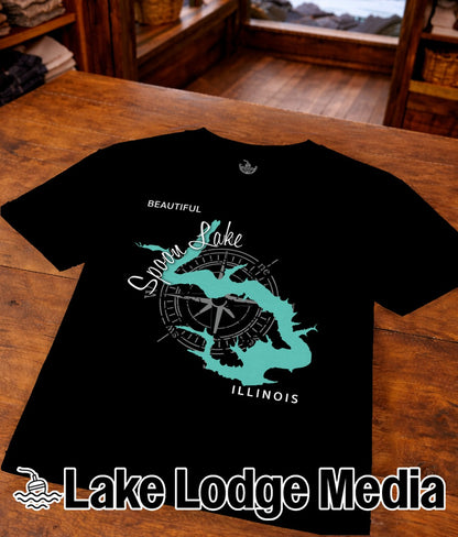 Black t-shirt with "Beautiful Spoon Lake Illinois" and compass graphic.