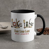 White mug with black handle, featuring "Lake Life" design and text "EAST LYNN LAKE WEST VIRGINIA".