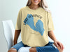 Yellow t-shirt with a blue Lake Almanor map design and "California" text.
