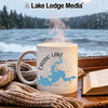 White mug with Caddo Lake, Texas map and compass design.