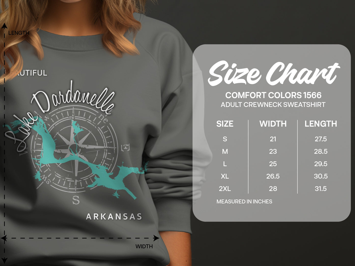 Dardanelle Lake Arkansas graphic on grey sweatshirt with size chart.