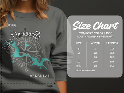 Dardanelle Lake Arkansas graphic on grey sweatshirt with size chart.