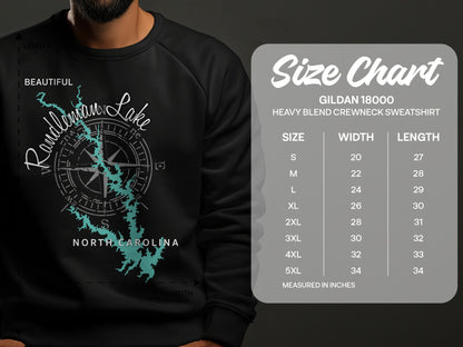 Sweatshirt with Randleman Lake map and North Carolina text, size chart included.
