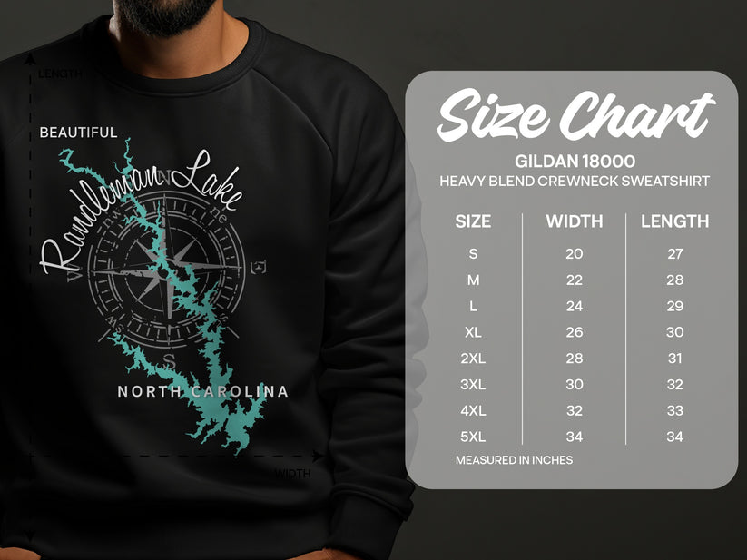 Sweatshirt with Randleman Lake map and North Carolina text, size chart included.