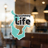 Sticker with text Broadway Life and outline of a lake in teal.