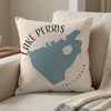 Throw pillow with blue Lake Perris map outline and "Lake Perris California" text.