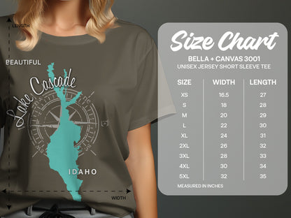 T-shirt size chart with measurements for Bella + Canvas 3001 unisex short sleeve tee.