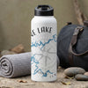 White water bottle with "ONE LAKE" text and blue lake map design.