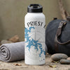 White water bottle with Priest Lake map and compass graphic on rugged background.