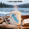 White mug with Gull Lake Michigan map and compass graphic.