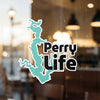 Turquoise lake outline sticker with "Perry Life" text on glass.