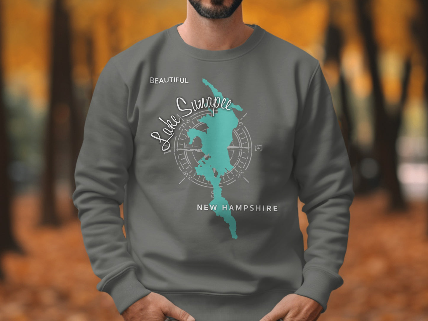 Dark gray sweatshirt with "Beautiful Lake Sunapee New Hampshire" map design.