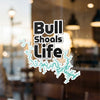 Bull Shoals Life sticker with turquoise lake outline on glass