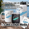 Mug, tumbler, and water bottle with Lake Erie map graphics and personalization text.