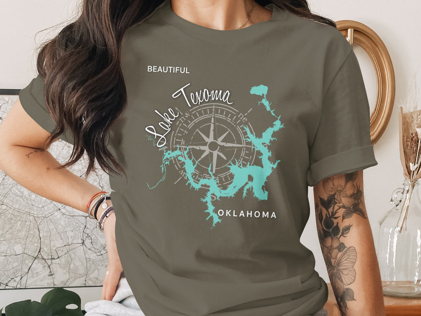 T-shirt featuring a compass rose and map of Lake Texoma, Oklahoma.