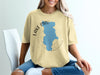 Yellow t-shirt with blue Lake Piru map and California text design.