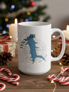White mug with blue Lynx Lake Arizona map and compass design.