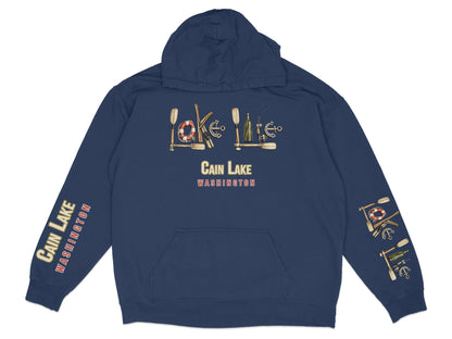 Navy blue hoodie with "Cain Lake Washington" text and nautical graphic details.