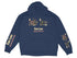 Navy blue hoodie with "Cain Lake Washington" text and nautical graphic details.