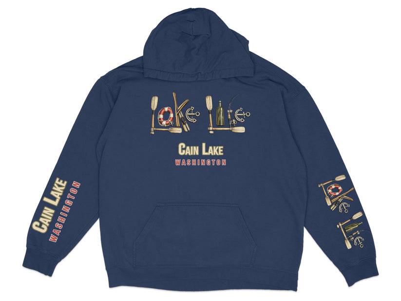Navy blue hoodie with "Cain Lake Washington" text and nautical graphic details.