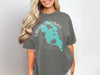 Gray t-shirt with turquoise Lake Kissimmee, Florida map and compass design.