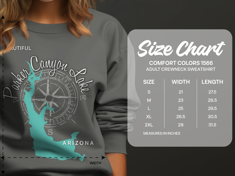 Crewneck sweatshirt size chart for Comfort Colors 1566.