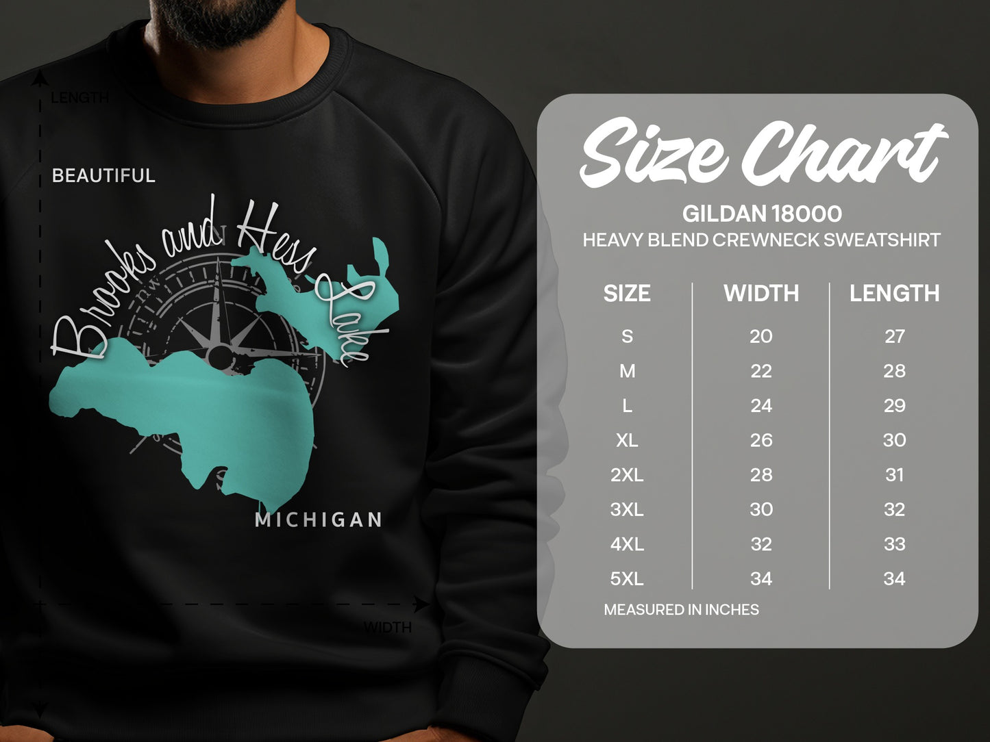 Size chart for Gildan 18000 heavy blend crewneck sweatshirt.