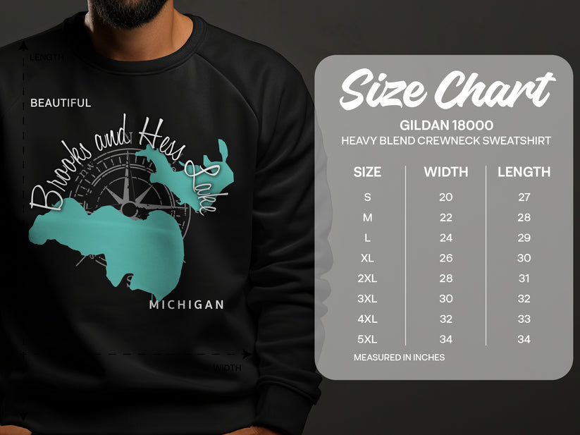 Size chart for Gildan 18000 heavy blend crewneck sweatshirt.