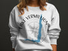 White sweatshirt with Lake Vermilion, Minnesota map and compass design.