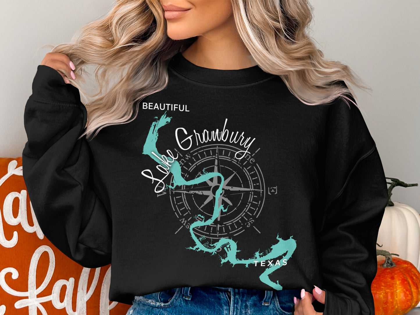Black sweatshirt with Lake Granbury Texas map and compass graphic.